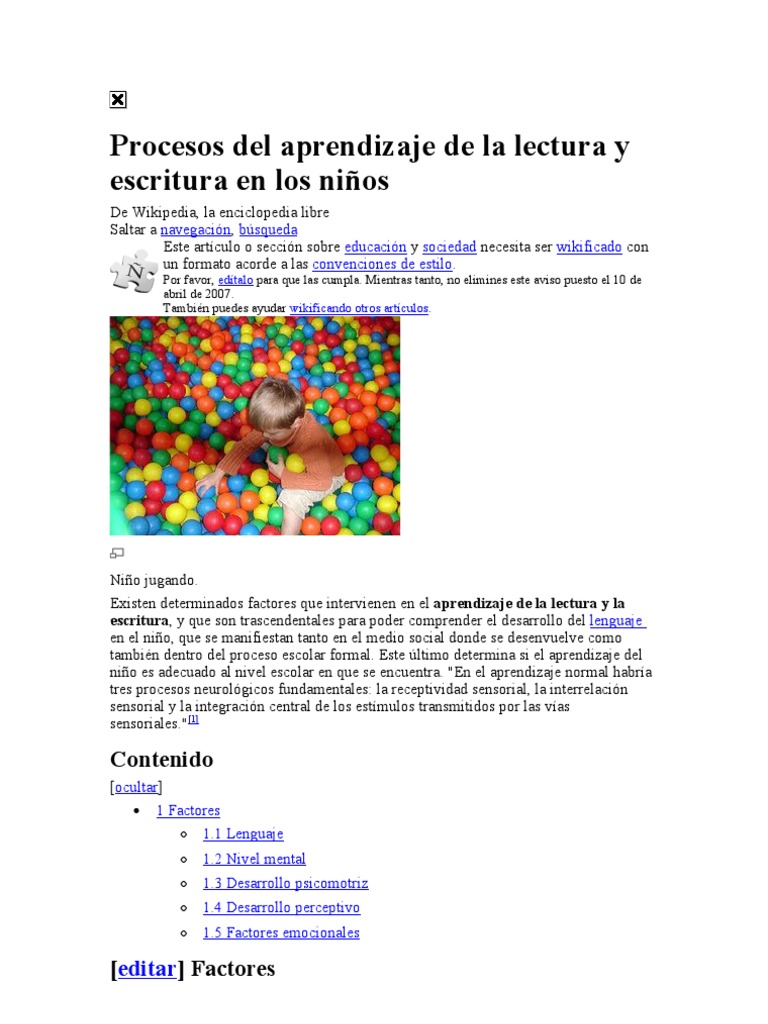 Procesos Del Aprendizaje de La Lectura y Escritura en Los Niños | PDF ...