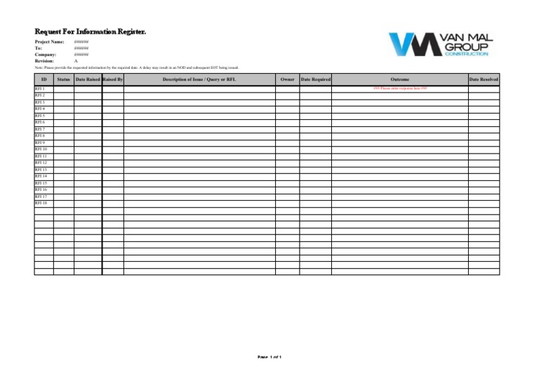RFI Register for Project Management | PDF