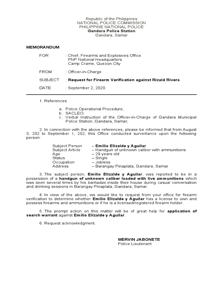 Firearm Verification Request for Emilio Elizalde | PDF