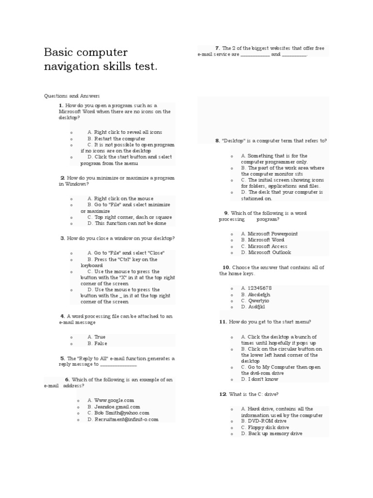 Basic Computer Navigation Skills Test Questions and Answers PDF