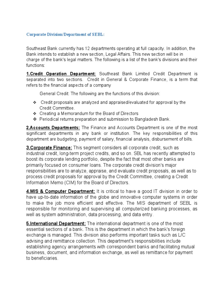 Overview of SEBL Corporate Divisions | PDF | Banks | Finance & Money ...
