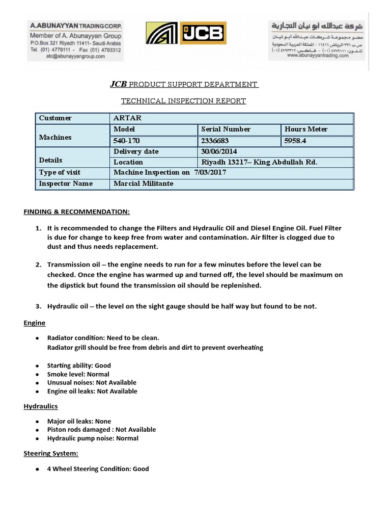 JCB 540-170 Inspection Report | PDF