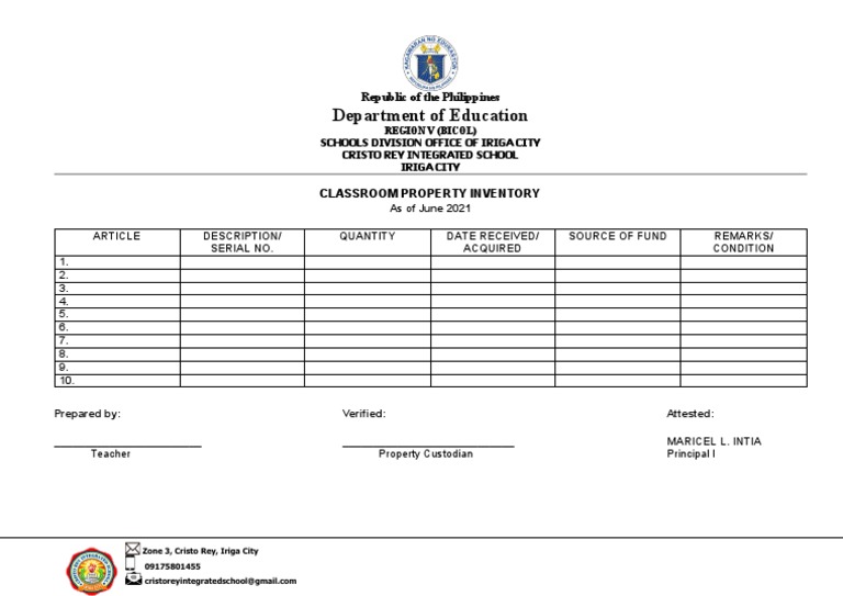 Classroom Property Inventory PDF