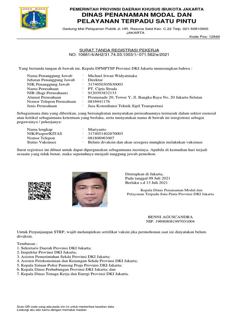 Registrasi Pekerja Mariyanto di Jakarta | PDF