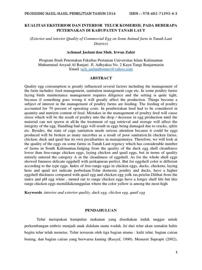 Kualitas Eksterior Dan Interior Telur Komersil Pada Beberapa Peternakan