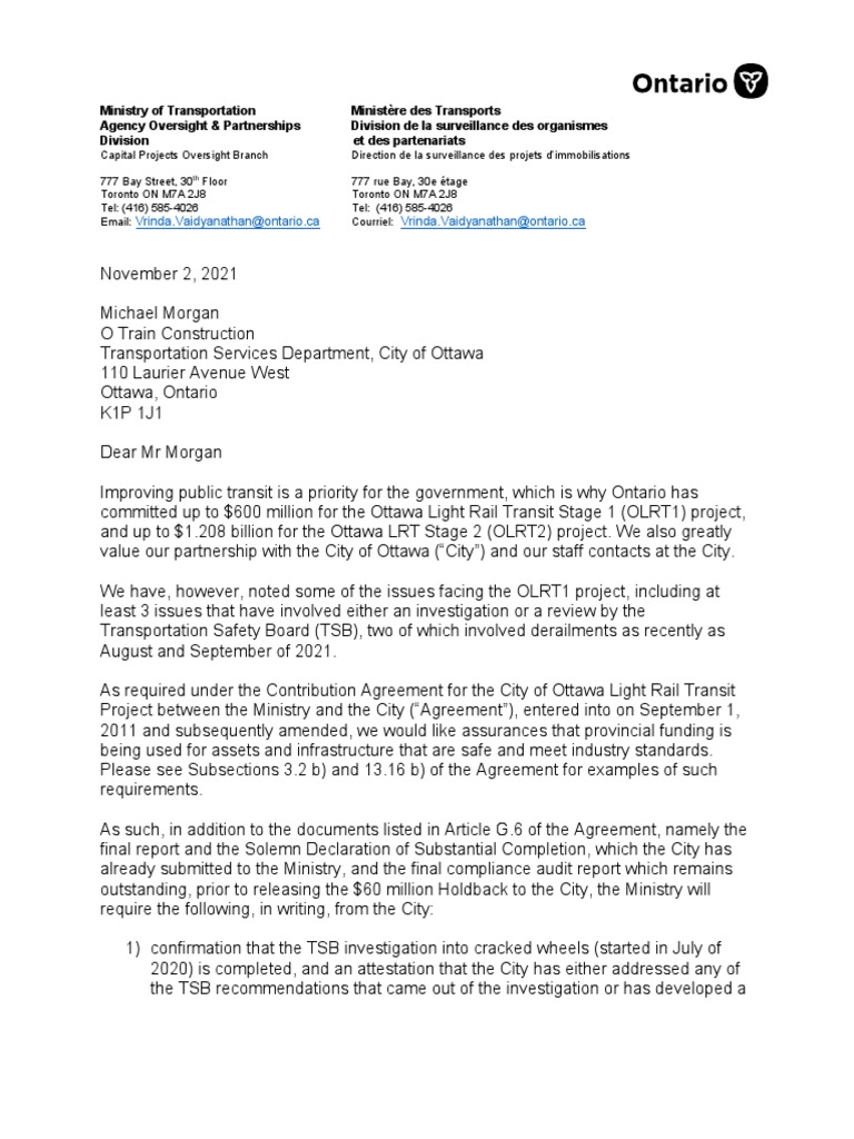 Ottawa LRT Letter From Province | PDF | Light Rail | Transport