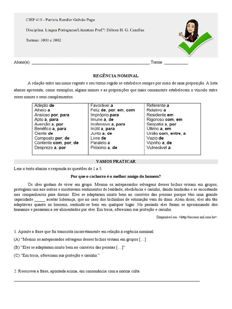 Exercícios de Regência Nominal para 9º Ano | PDF | Preposição e ...