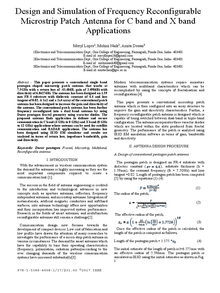 Design and Simulation of Frequency Reconfigurable Microstrip Patch ...