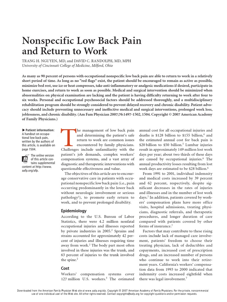 Nonspecific Low Back Pain and Return To Work | PDF | Low Back Pain ...