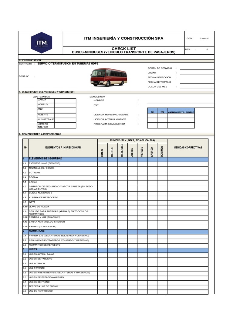 Checklist de Inspección de Buses | PDF | Transporte | Vehículos de ruedas