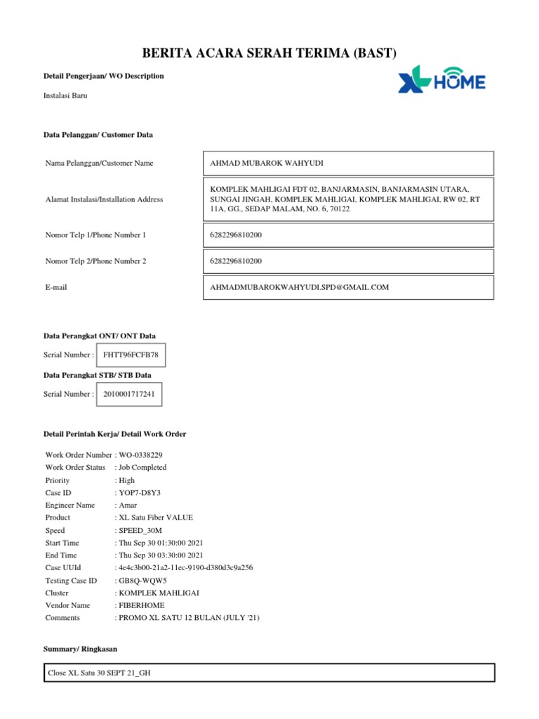 BAST Instalasi XL Home Fiber 2021 | PDF