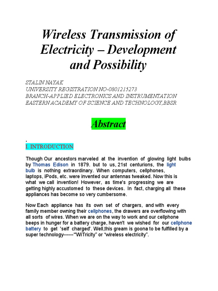 Wireless Transmission of Electricity Abstract PDF Nikola Tesla Force