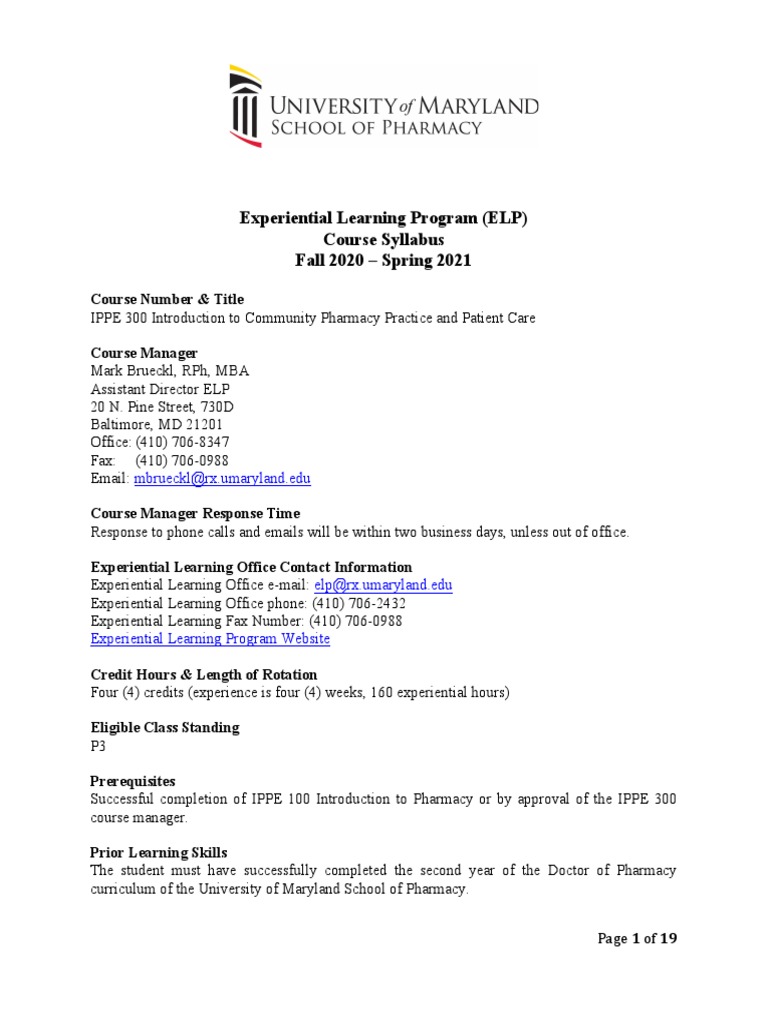 Experiential Learning Program (ELP) Course Syllabus Fall 2020 - Spring ...