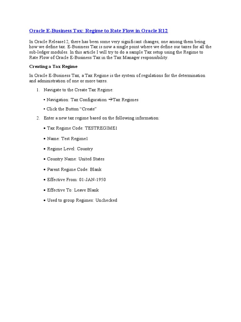 Oracle E Business Tax Regime To Rate Flow In Oracle R12 PDF Taxes