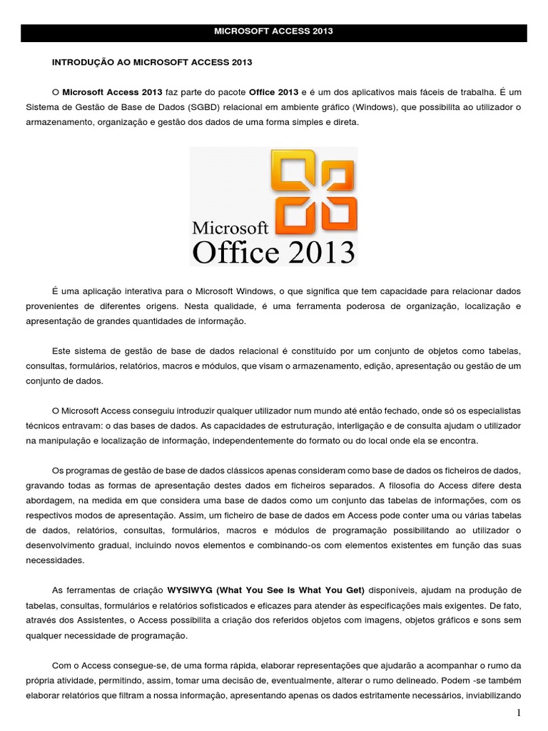 Introdução ao Microsoft Access 2013 | PDF | Microsoft Access | XML