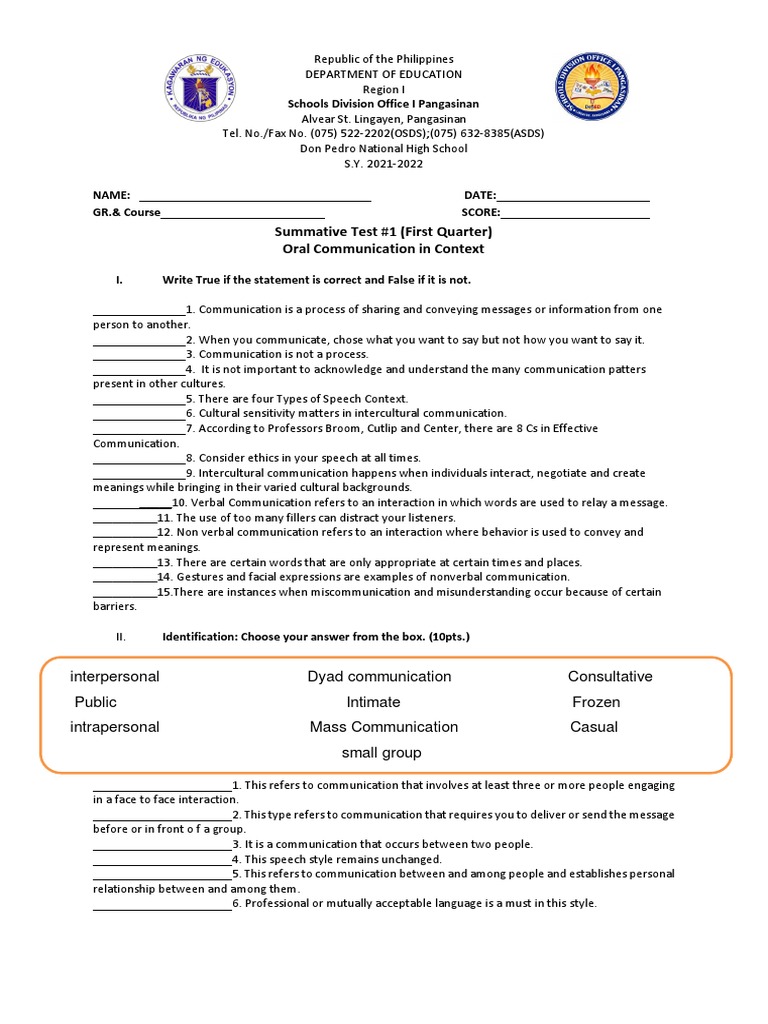 Summative Test 1 (First Quarter) Oral Communication in Context PDF Communication