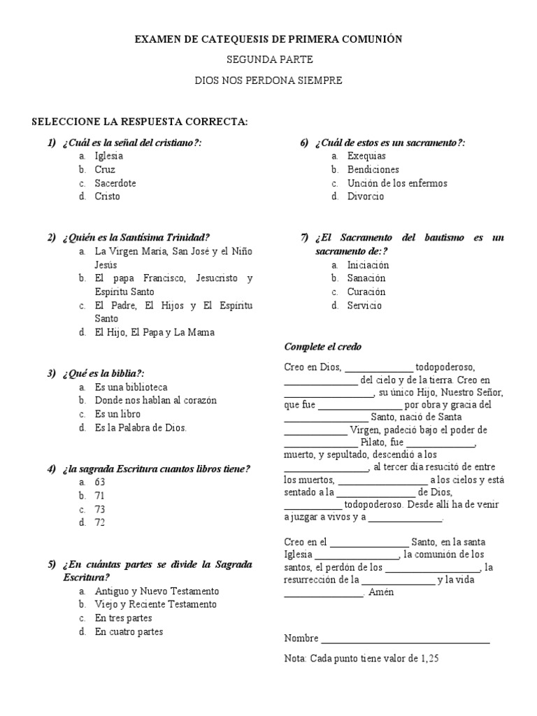 Examen de Catequesis de Primera Comunión Primer Examen PDF
