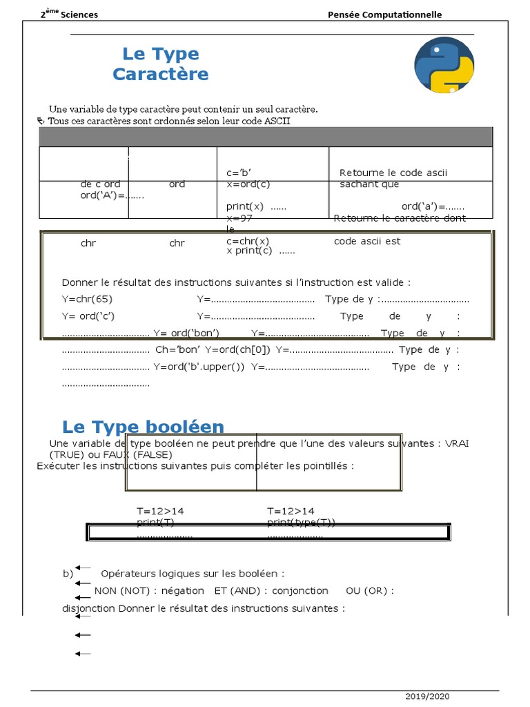 Type booléen et fonctions Python | PDF | Booléen | Enseignement des ...