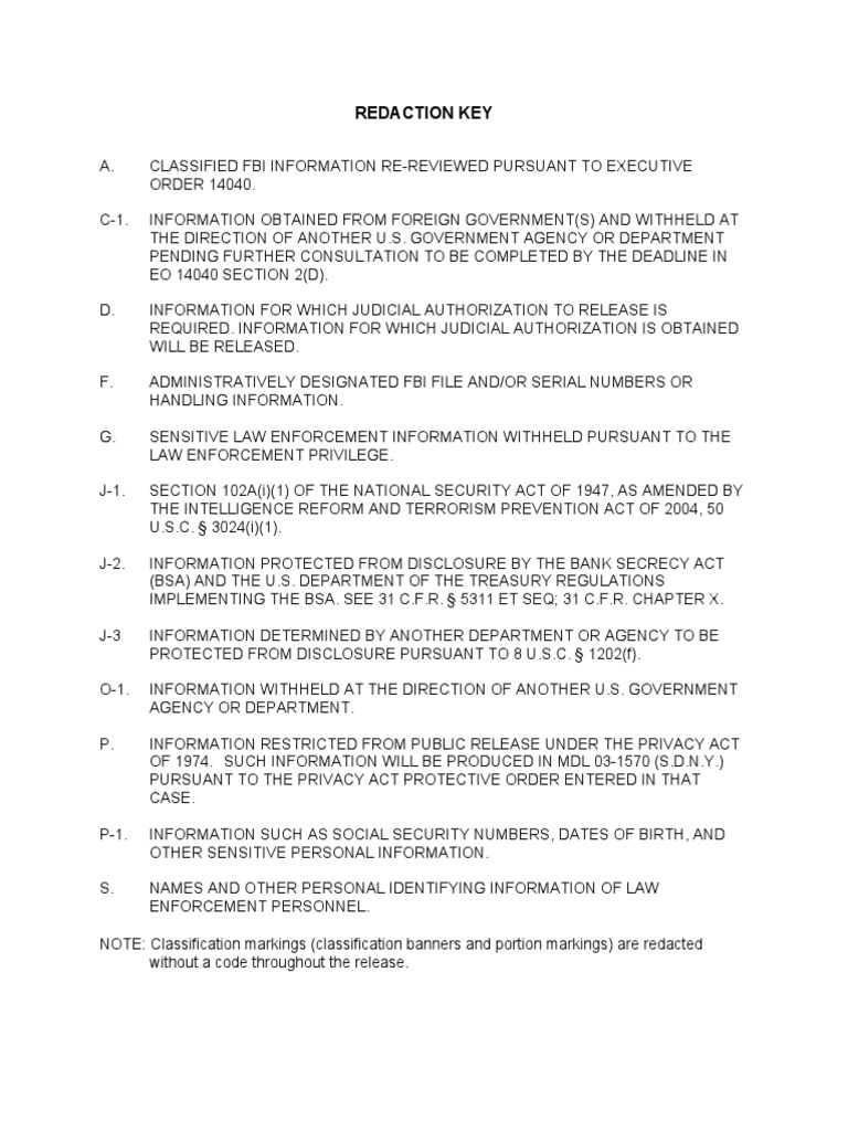 FBI Redaction Key for 9/11 Investigation | PDF | Hijackers In The ...