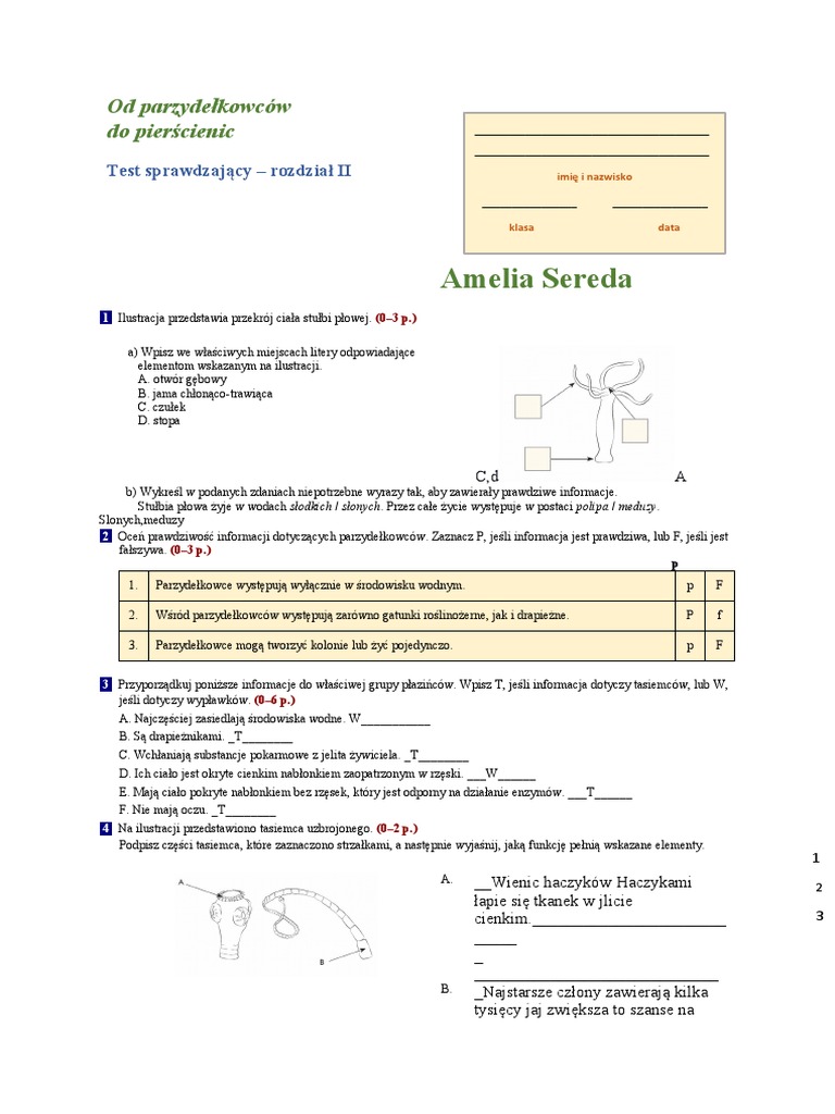 Parzydełkowce I Płazińce Test Klasa 6 Od parzydełkowców | PDF