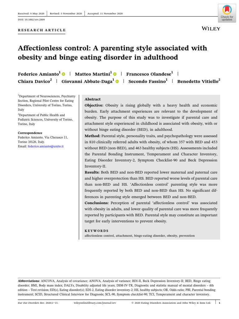 Affectionless Control: A Parenting Style Associated With Obesity and ...