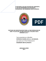 Estudio de Investigacion para La Recuperacion de Oro de Relaves Planta Veta Dorada