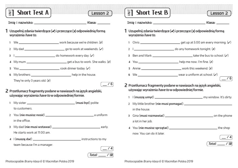 Brainy Klasa 6 Test Unit 1 Brainy Kl6 Short Tests Unit 1 Lesson 2 | PDF