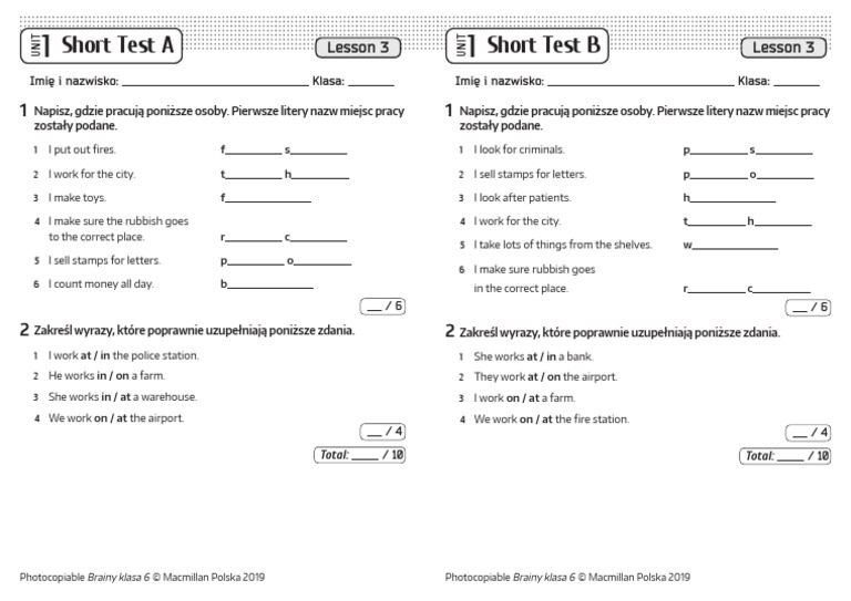 Brainy Kl6 Short Tests Unit 1 Lesson 3 PDF