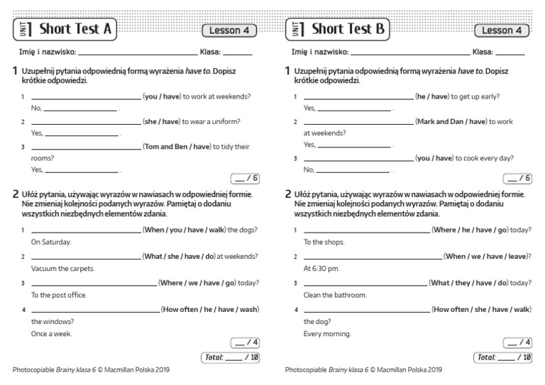 Brainy Klasa 6 Testy Pdf Unit 4 Brainy Kl6 Short Tests Unit 1 Lesson 4 | PDF