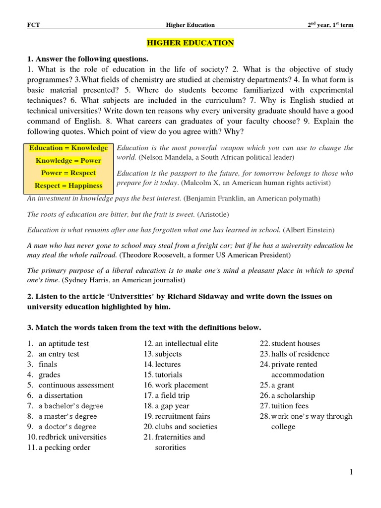 Higher Education 1. Answer The Following Questions | PDF | University ...