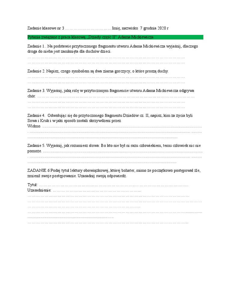 Dziady Część 2 Test Online