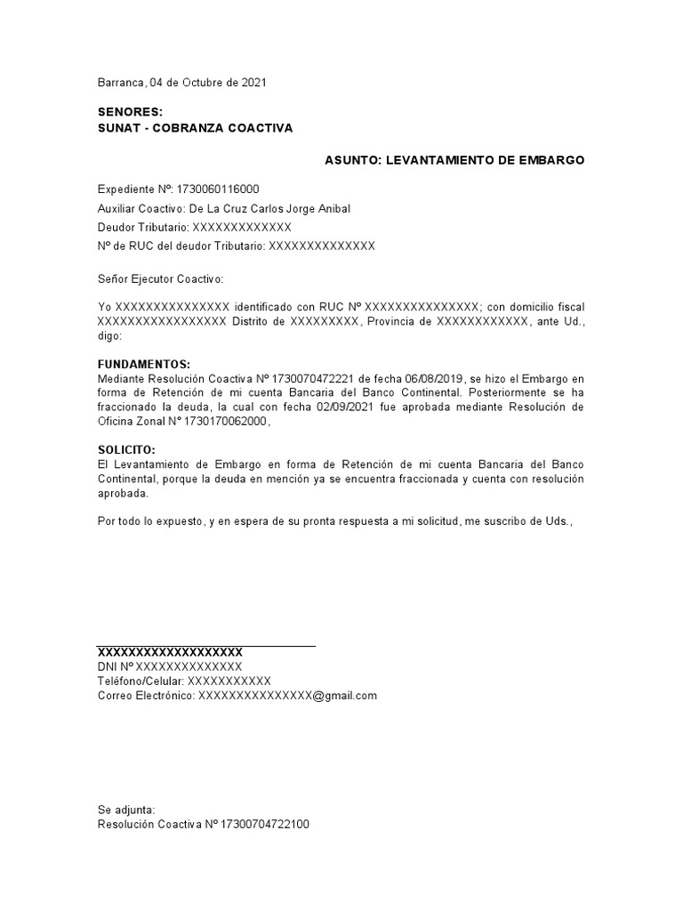 Carta Levantamiento de Embargo en Forma