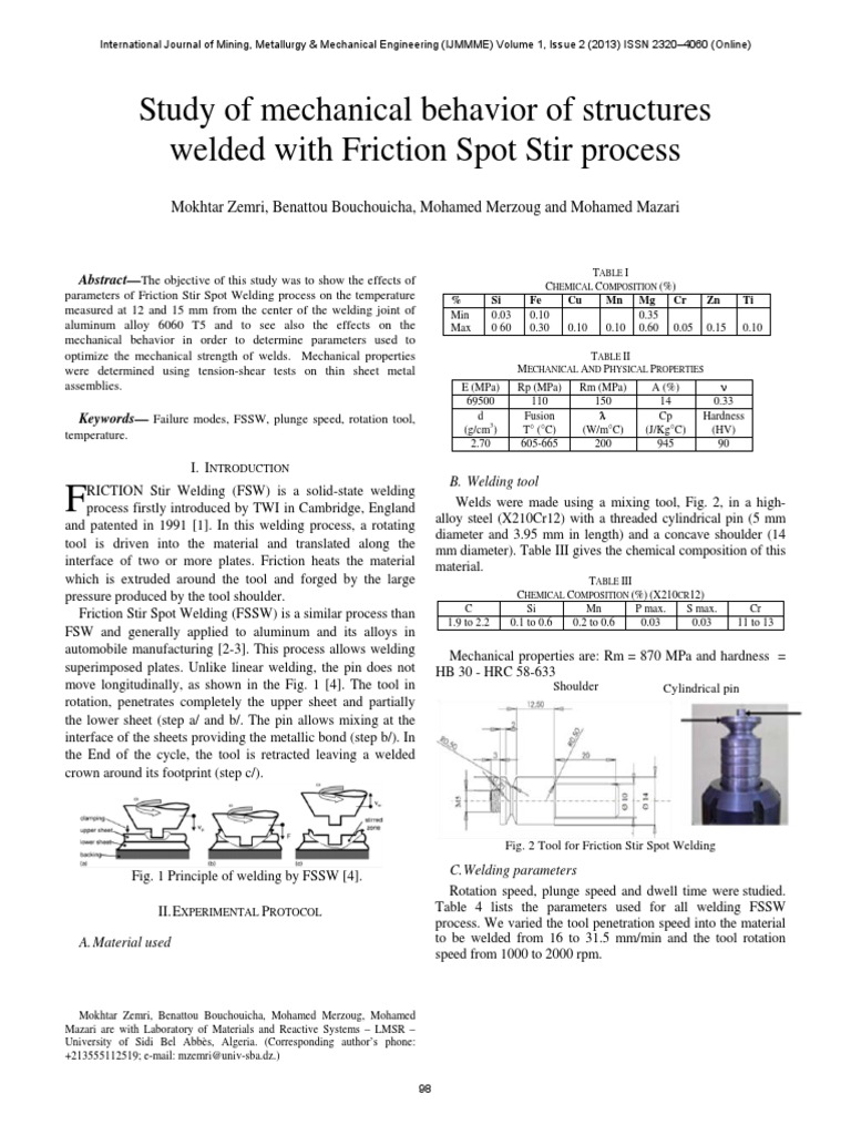 Study of Mechanical Behavior of Structures Welded With Friction Spot ...