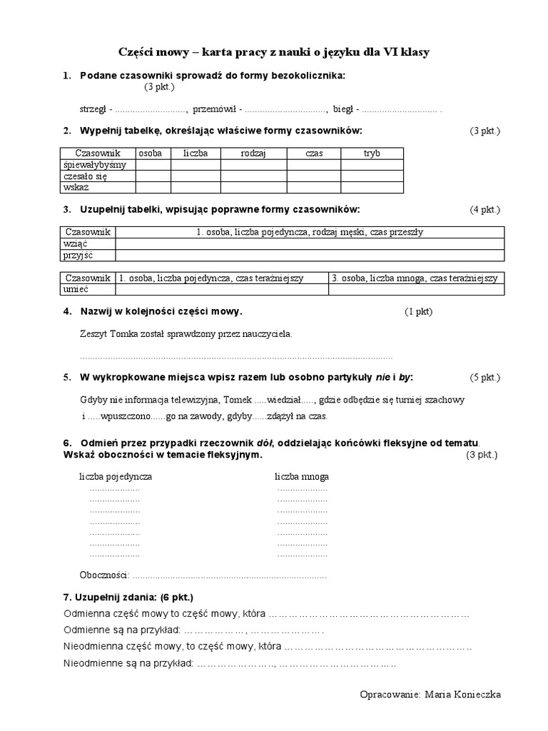 Test Z Części Mowy Klasa 6