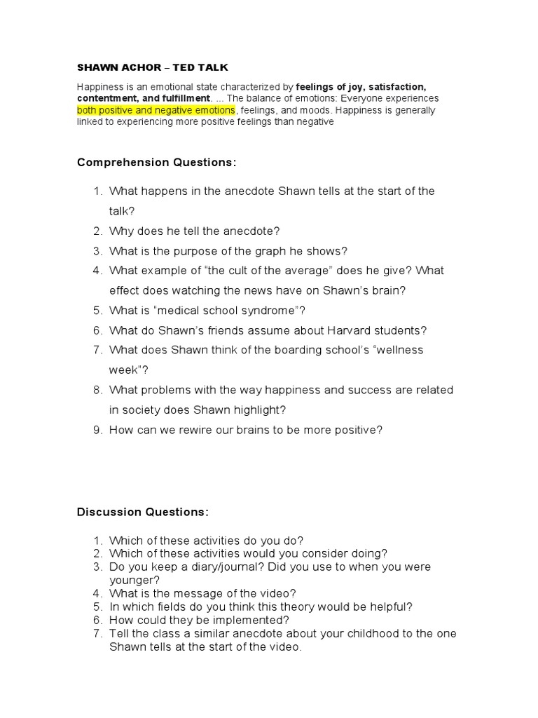 Shawn Achor Ted Talk Activity PDF Emotions Happiness