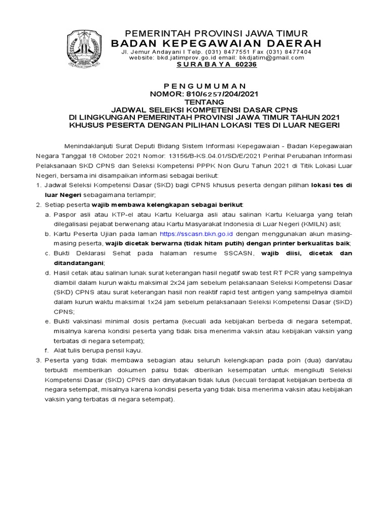 Jadwal SKD CPNS Tilok Luar Negeri | PDF