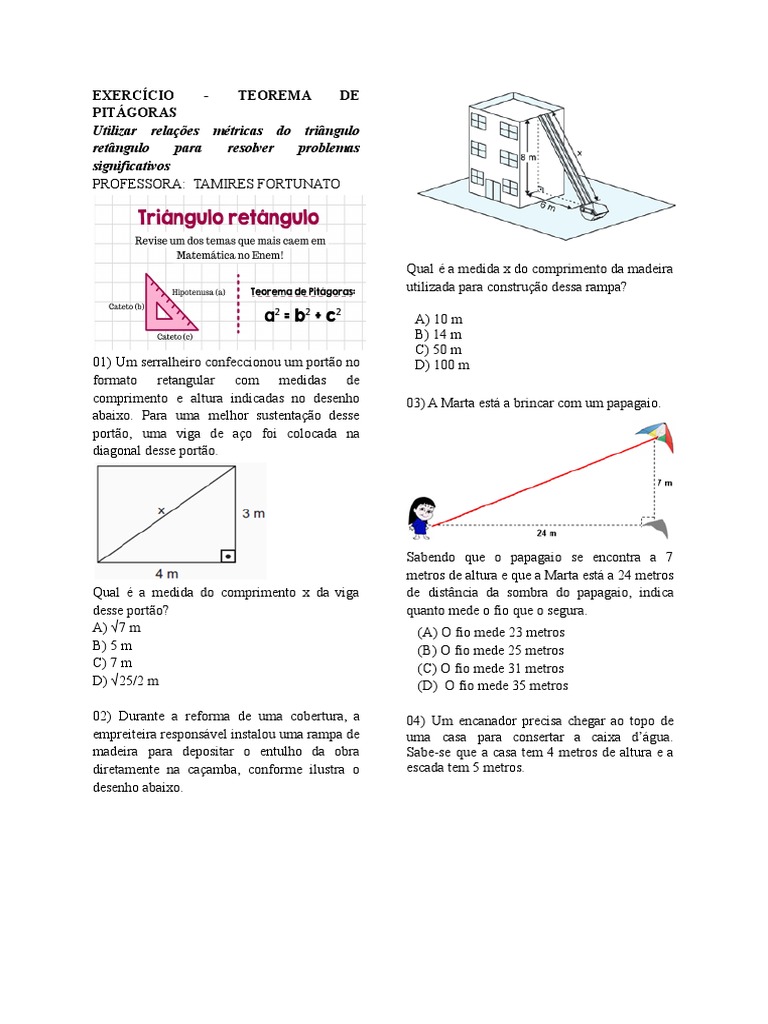 Exercício - Teorema de Pitágoras | PDF
