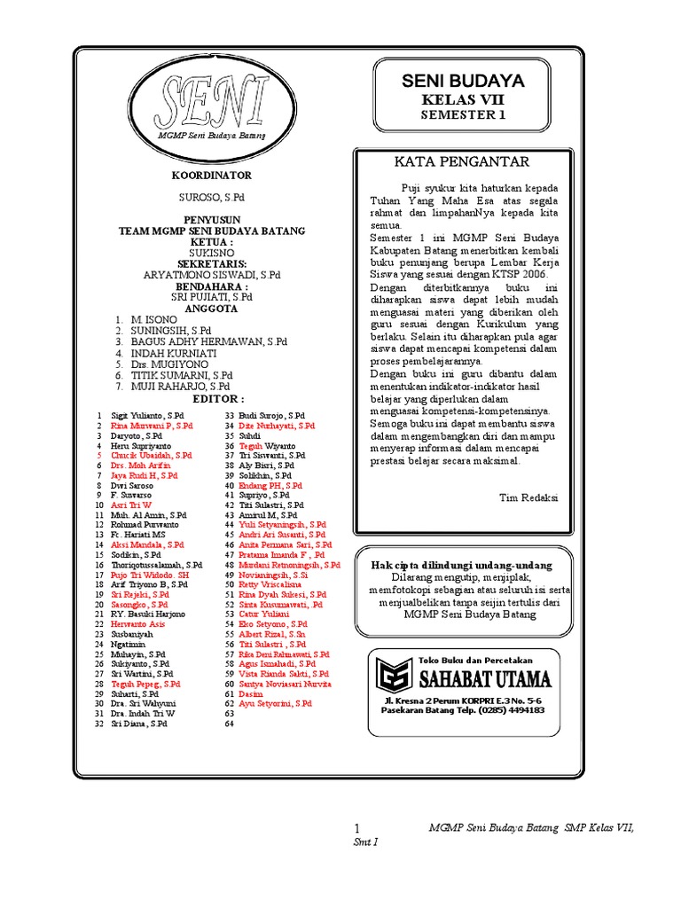 Buku Ajar Seni Budaya Kelas 7 Mgmp Kab Batang Pdf