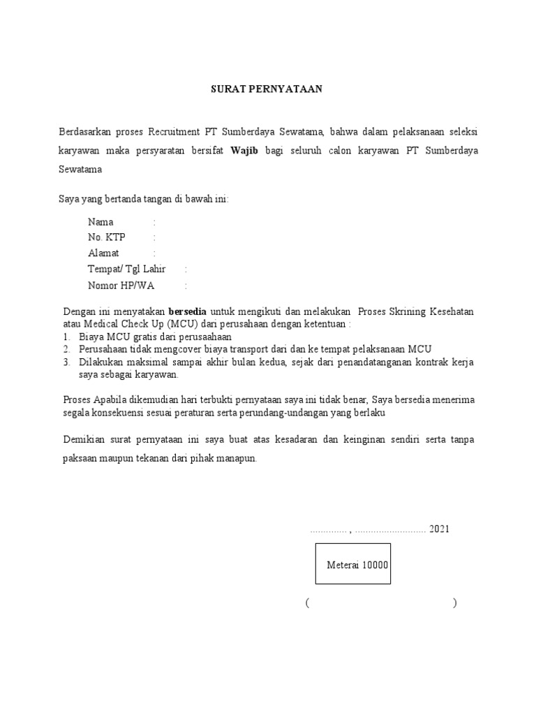 Surat Pernyataan Kesediaan MCU | PDF