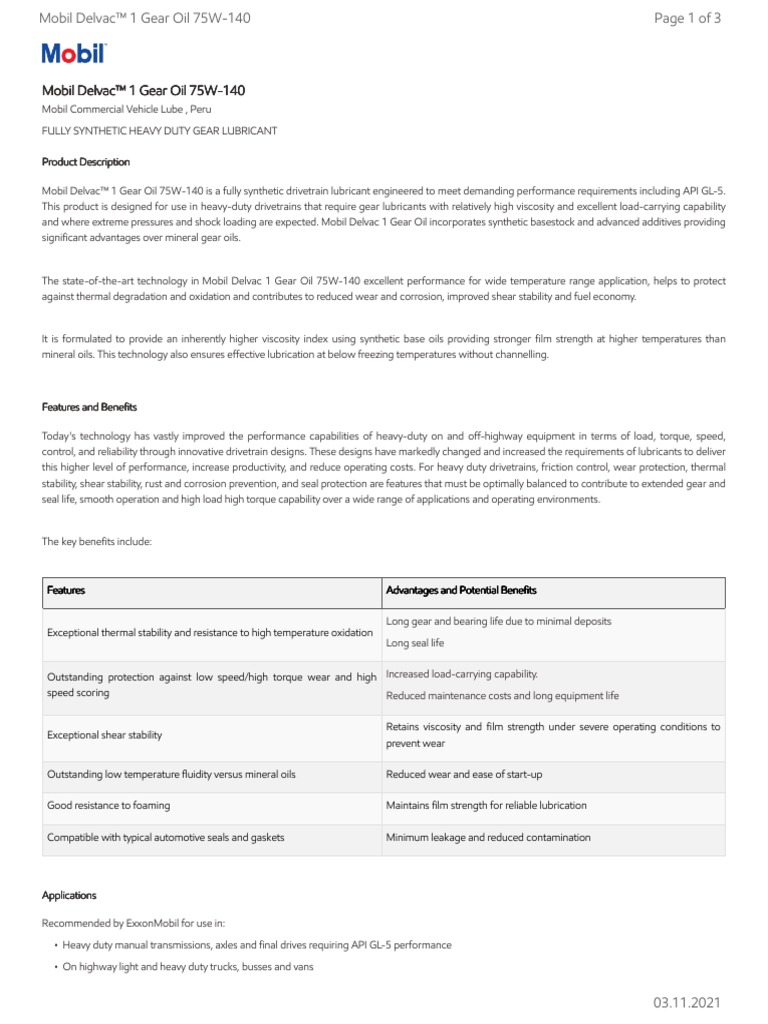 GL XX Mobil Delvac 1 Gear Oil 75W 140 PDF Lubricant Mechanical