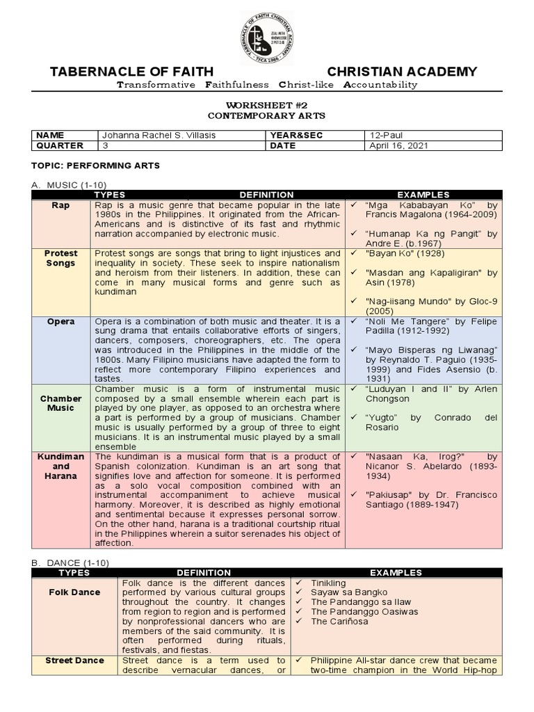 Worksheet 1 Types & Categories | PDF | Dances | Performing Arts