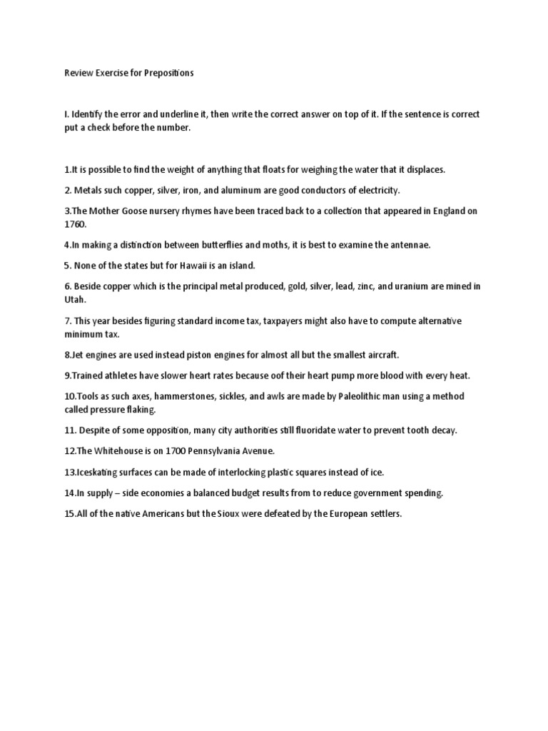 Preposition Error Review Exercise | PDF