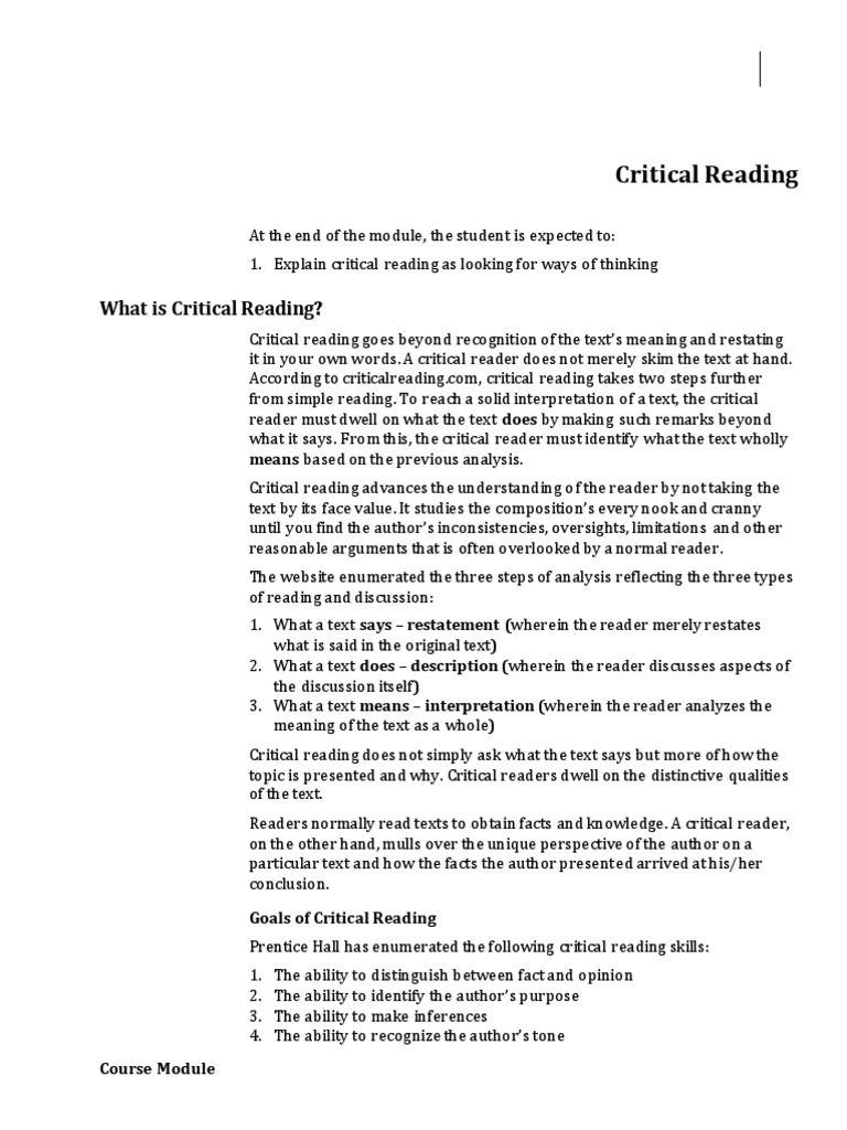 (ENGL2112) Week 011-Course Module-Critical Reading | PDF | Idea | Argument