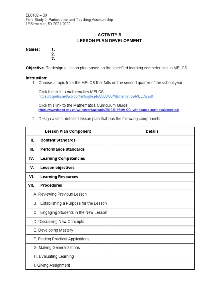 Activity 5 Lesson Plan Development PDF Lesson Plan Rubric