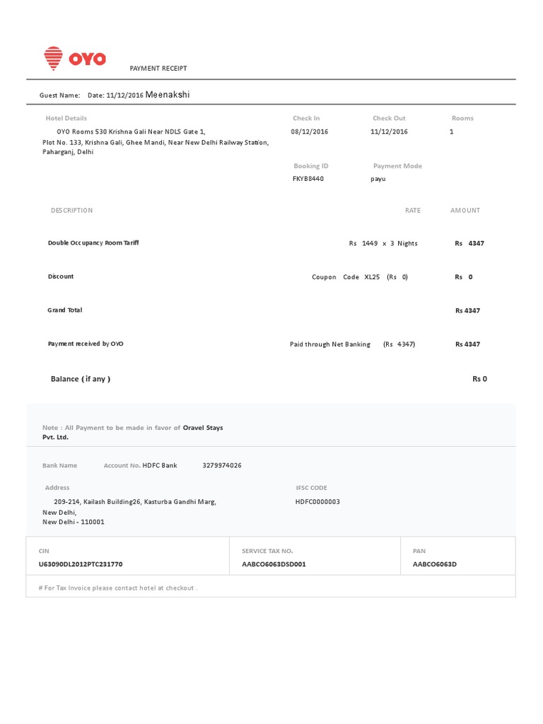 OYO Hotel Payment Receipt Template | PDF