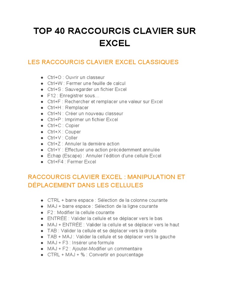 Top 40 Raccourcis Clavier Sur Excel | PDF