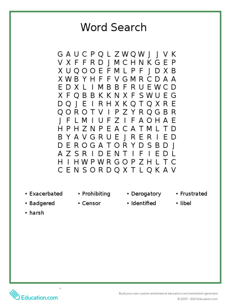 Word Search: - Exacerbated - Prohibiting - Derogatory - Frustrated ...