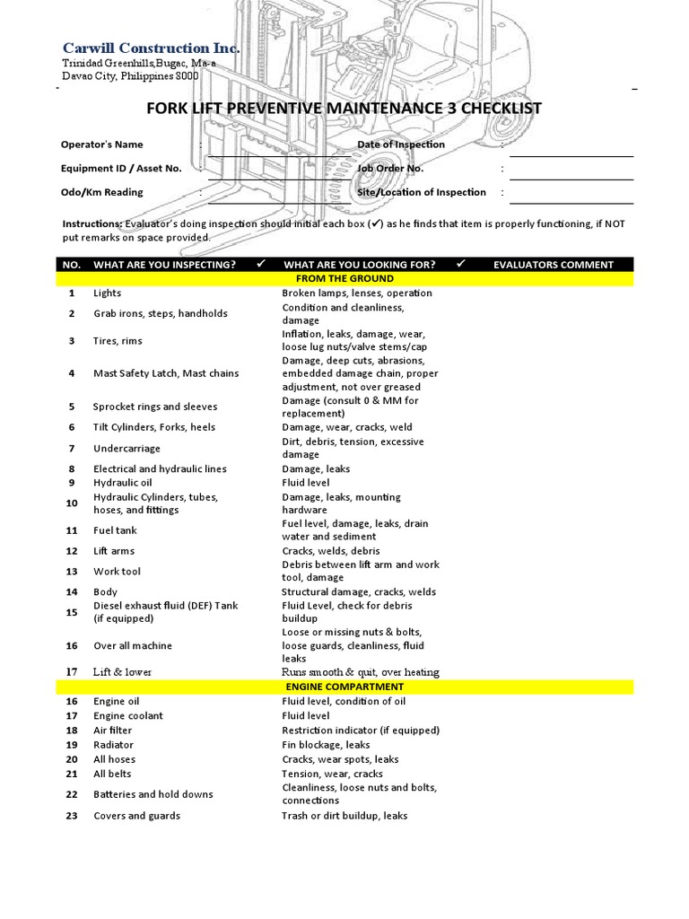 Fork Lift Preventive Maintenance 3 Checklist Carwill Construction Inc Download Free PDF