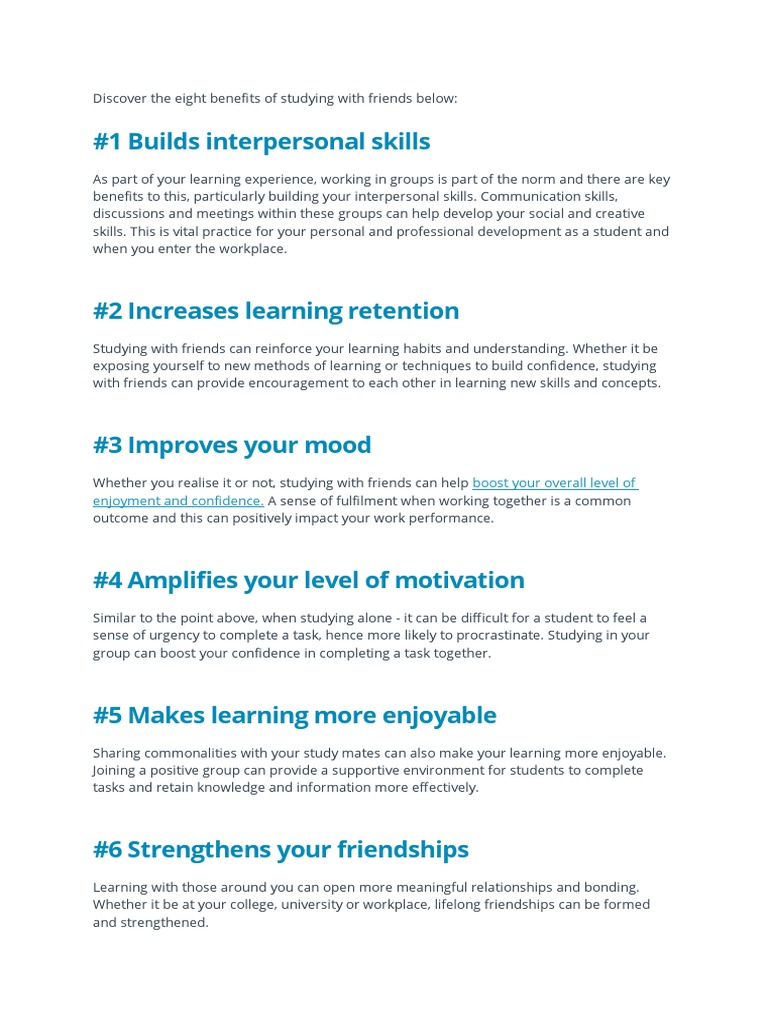 Discover The Eight Benefits of Studying With Friends. | PDF | Learning ...