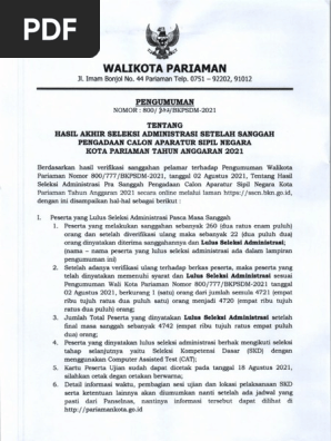 1629339076 Pengumuman Hasil Akhir Seleksi Administrasi Setelah Sanggah Pengadaan Calon Aparatur Sipil Negara Kota Pariaman Tahun Anggaran 2021 Pdf